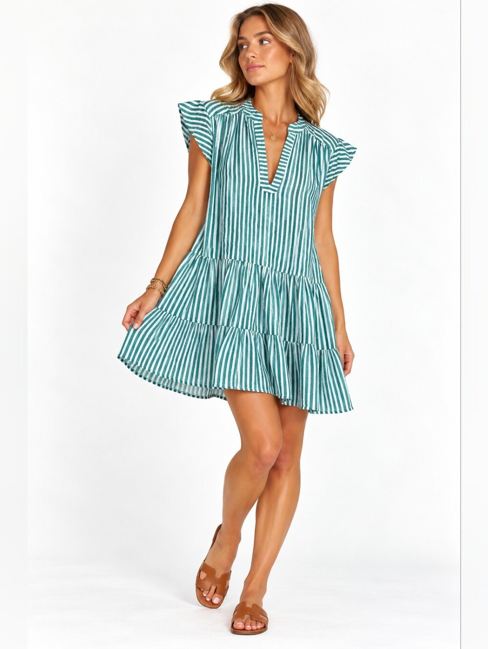 Oliphant Dress Green Stripe Cap Sleeves Tiered